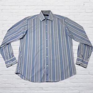 Bugatchi Uomo Shirt Mens Medium Blue White Stripe Button Up Long Sleeve Cotton
